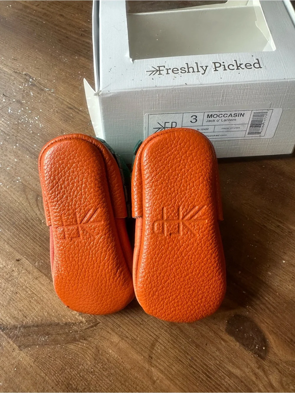 Freshly Picked Orange Pumpkin Jack-O'-Lantern Baby Slip-On Shoes with Green Trim